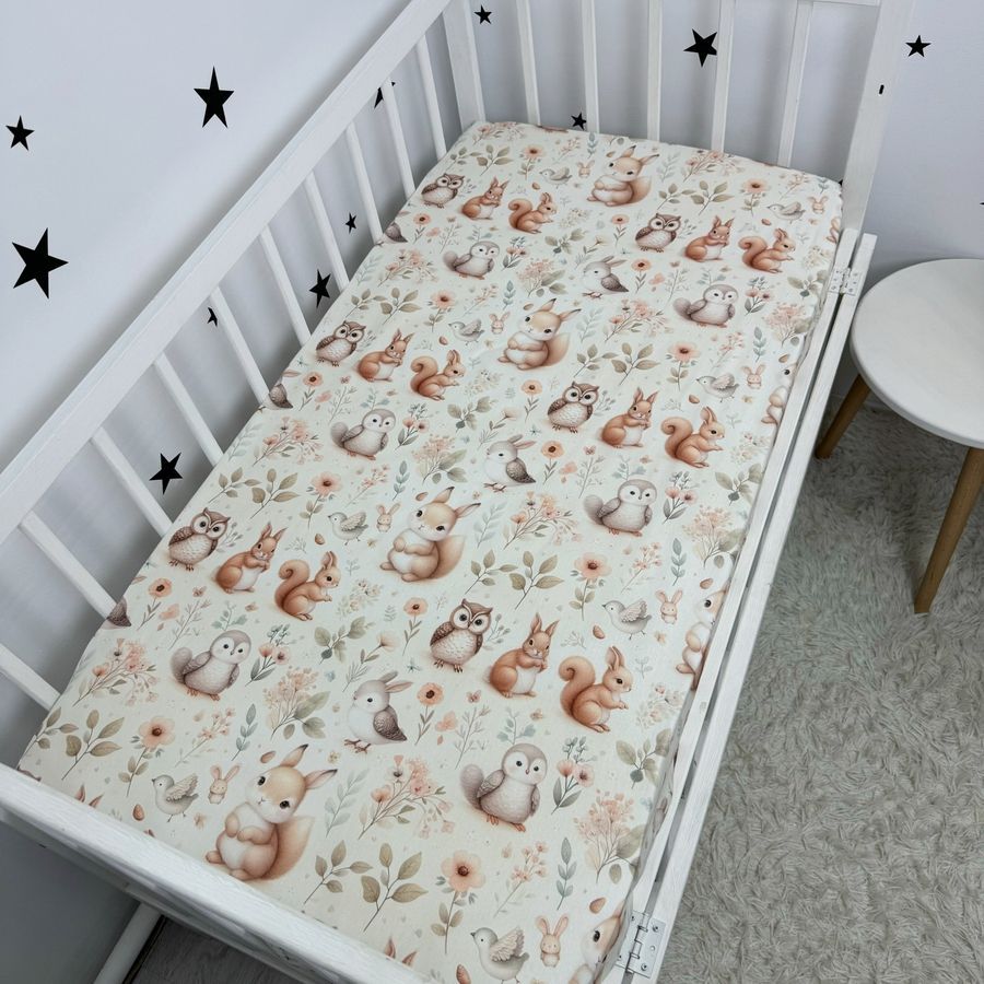 Простирадло на гумці для матраца 120х60 см Oh My Kids "Лисички Совенята" ранфорс бежевий