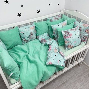 Комплект бортики+плед у дитяче ліжечко 120х60 см Oh My Kids "Единорожки на хмарках"