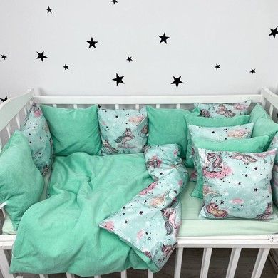 Комплект бортики+плед у дитяче ліжечко 120х60 см Oh My Kids "Единорожки на хмарках"