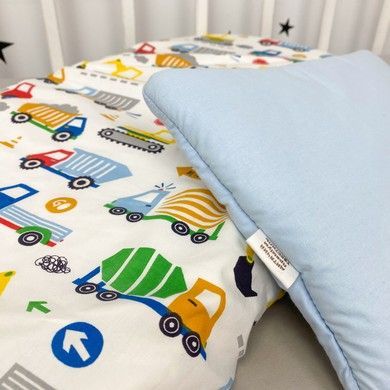 Комплект в коляску: сатиновая простыня+подушка Oh My Kids "Машинки" голубой