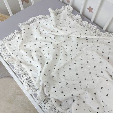 Бавовняний мусліновий плед з мереживом 90х70 см Oh My Kids "Little Hearts" для фотосесії