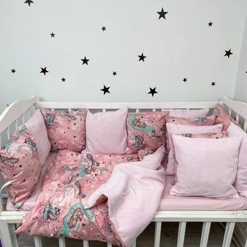 Комплект бортики+плед у дитяче ліжечко 120х60 см Oh My Kids "Единорожки" рожевий