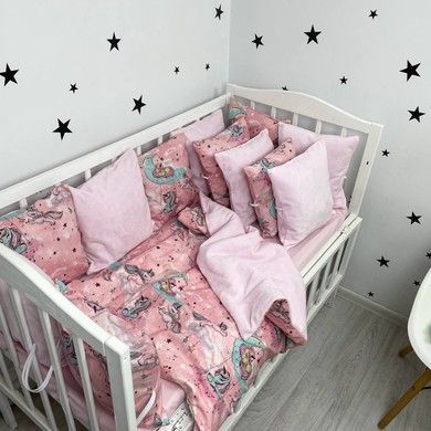 Комплект бортики+плед у дитяче ліжечко 120х60 см Oh My Kids "Единорожки" рожевий