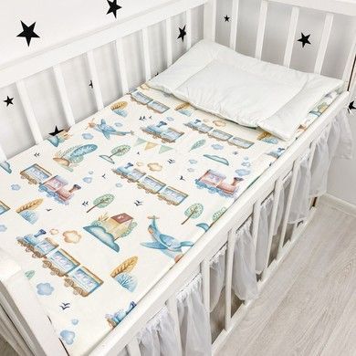 Дитяче простирадло фланель (байка) 140х70 см Oh My Kids &laquo;Паровозики&raquo; блакитний
