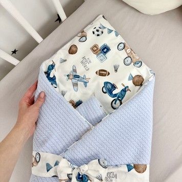 Конверт-плед на виписку для хлопчика 100х80 см Oh My Kids "Ретро машинки" блакитний