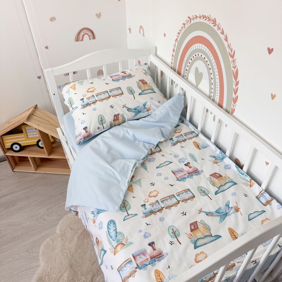 Комплект постільної білизни для ліжка 120х60 см для хлопчика Oh My Kids &laquo;Паровозики&raquo; блакитний