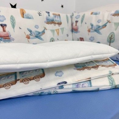 Бортики тонкі зі зйомними наволочками 6 шт у дитяче ліжко Oh My Kids "Паровозики" фланель