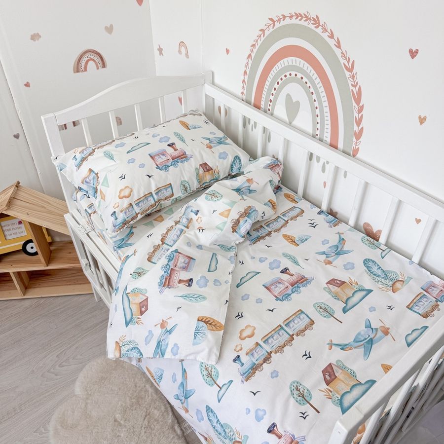 Дитяча постіль у ліжко 120х60 см для хлопчика Oh My Kids &laquo;Паровозики&raquo; 100% натуральна бавовна