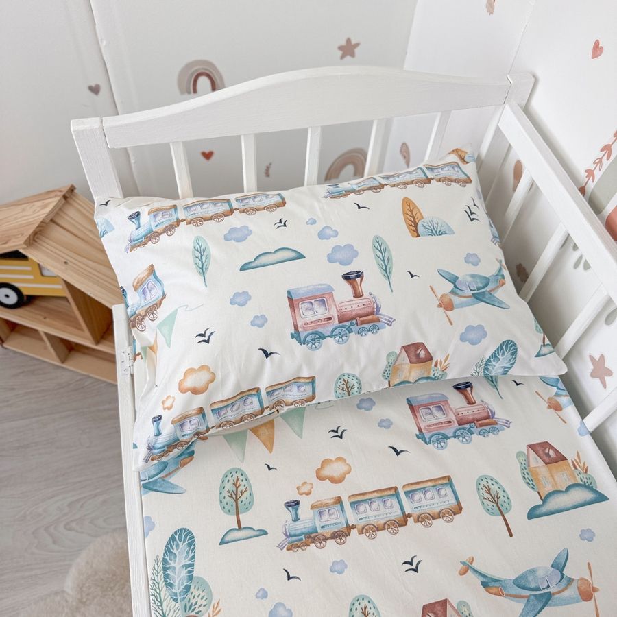 Дитяча постіль у ліжко 120х60 см для хлопчика Oh My Kids &laquo;Паровозики&raquo; 100% натуральна бавовна