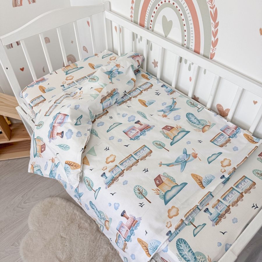 Дитяча постіль у ліжко 120х60 см для хлопчика Oh My Kids &laquo;Паровозики&raquo; 100% натуральна бавовна
