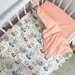 Дитяча натуральна підковдра 120х90 см для дівчинки Oh My Kids "Зайчики Лисички" персиковий