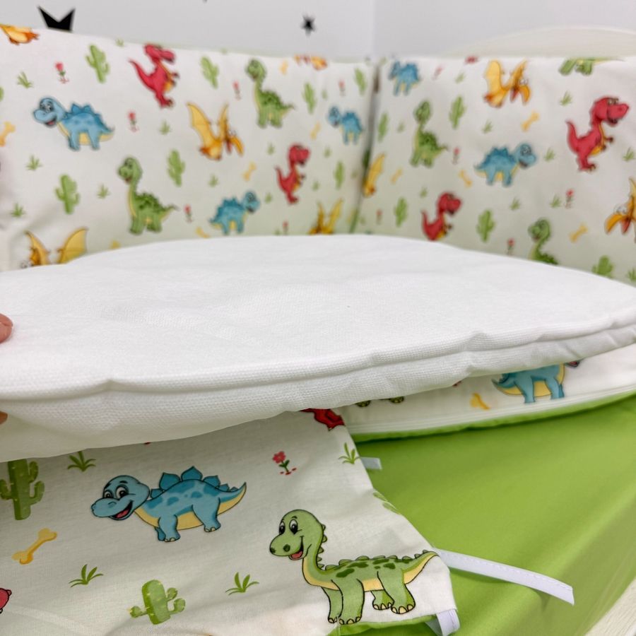 Бортики зі зйомними наволочками 4 шт 60х30 см Oh My Kids "Dino" зелений ранфорс