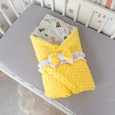 Конверт-плед на виписку для новонародженого хлопчика Oh My Kids &laquo;Ракети&raquo; жовтий плюш