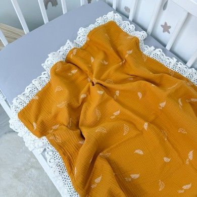 Дитячий плед з мусліну 90х70 см з мереживом Oh My Kids "Small Leafs" гірчичний