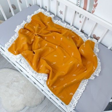Дитячий плед з мусліну 90х70 см з мереживом Oh My Kids "Small Leafs" гірчичний