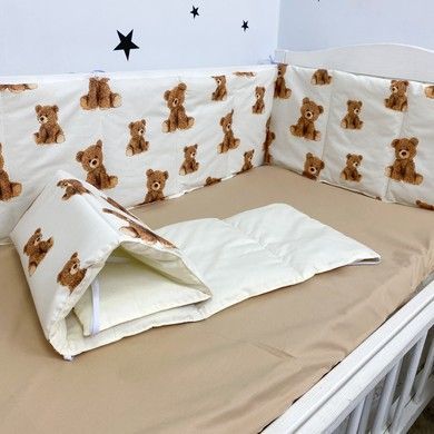 Бортики тонкі стьобані у дитяче ліжечко Oh My Kids "Ведмедики" бежевий (на 3 сторони ліжка)