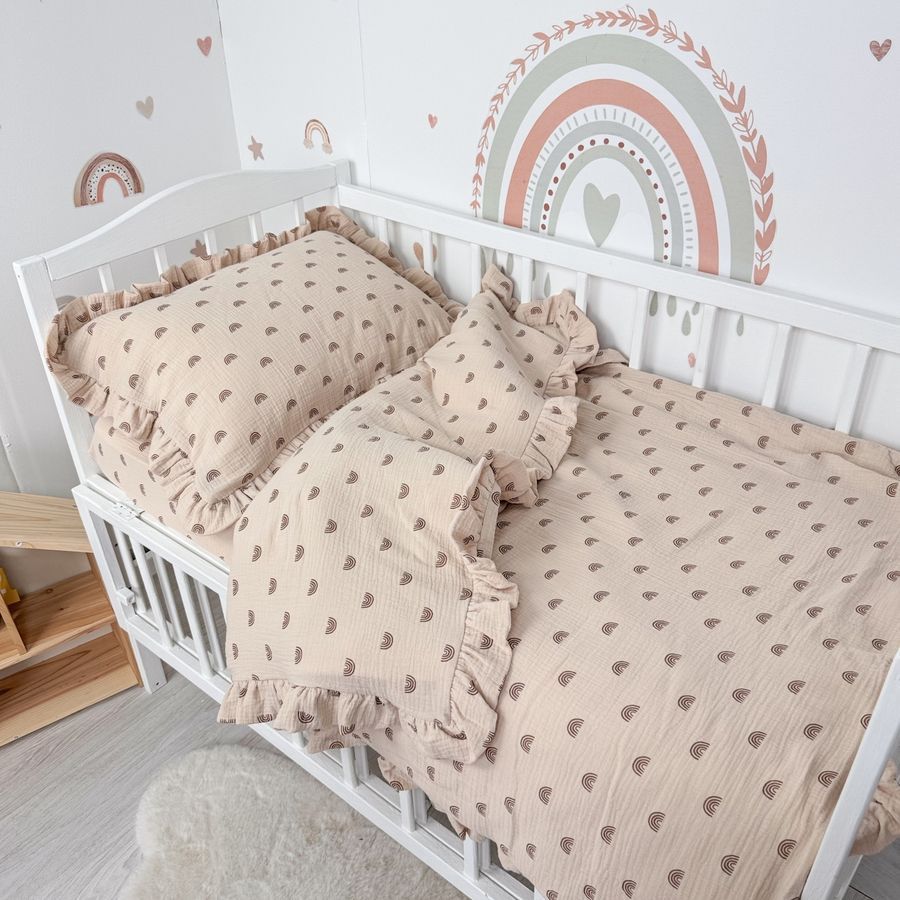 Дитяча муслінова постільна білизна у ліжко 120х60 см з рюшами Oh My Kids "Beige Rainbows" бежевий