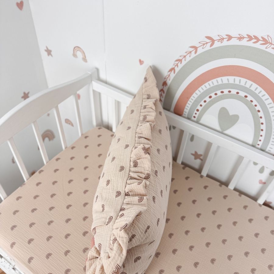 Дитяча муслінова постільна білизна у ліжко 120х60 см з рюшами Oh My Kids "Beige Rainbows" бежевий