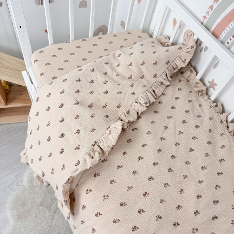 Дитяча муслінова постільна білизна у ліжко 120х60 см з рюшами Oh My Kids "Beige Rainbows" бежевий