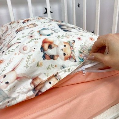 Комплект в кроватку постельное белье+бортики Oh My Kids "Зайчики Лисички" персиковый