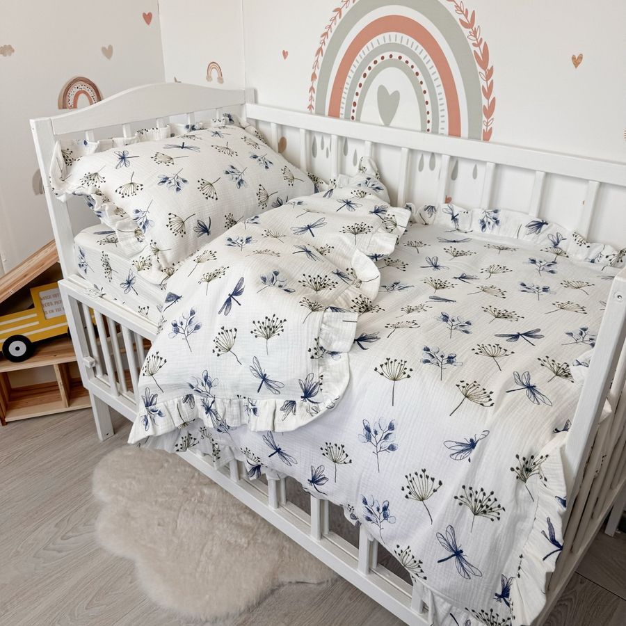 Дитяча муслінова постільна білизна у ліжко 120х60 см з рюшами Oh My Kids "Dragonfly" блакитний