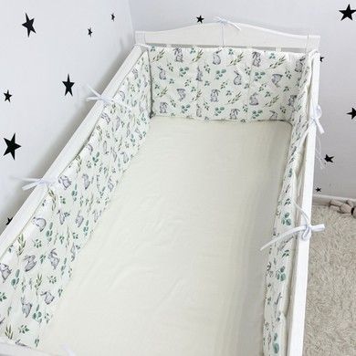 Бортики тонкие стеганные в кроватку 120х60 см на 3 стороны Oh My Kids "Cute Rabbits" сатин