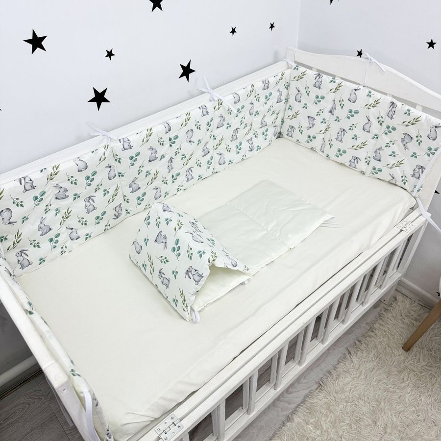 Бортики тонкі стьобані в ліжечко 120х60 см на 4 сторони Oh My Kids "Cute Rabbits" сатин