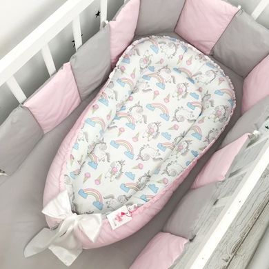 Кокон для девочки со съёмным матрасом Oh My Kids "Единороги с облаками и радугами"