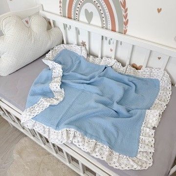 Легкий муслиновый плед с кружевом 90х70 см Oh My Kids "Light Blue" голубой