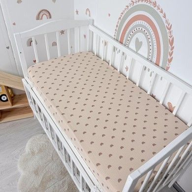 Дитяче муслінове простирадло на гумці 120х60 см Oh My Kids "Beige Rainbows" 100% бавовна