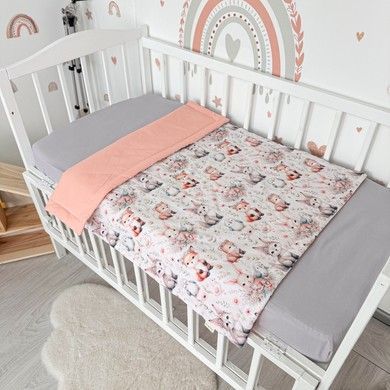 Хлопковый детский плед 100х80 см для девочки Oh My Kids "Зайчики лисички" персиковый