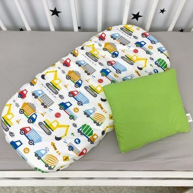 Сатиновий комплект в коляску: простирадло+подушка Oh My Kids "Машинки" зелений