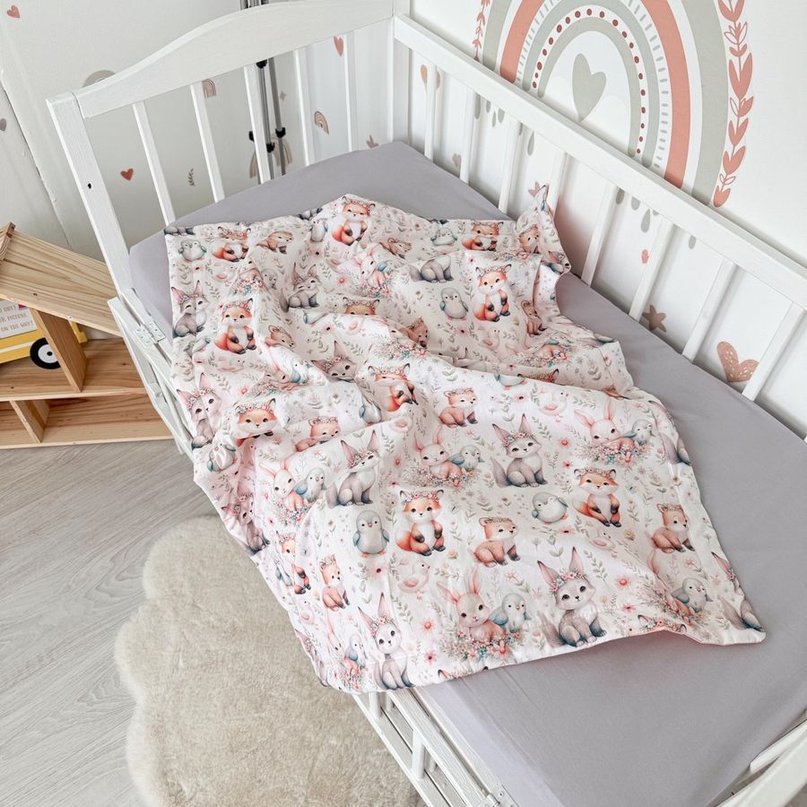 Бавовняний дитячий плед 100х80 см для дівчинки Oh My Kids "Зайчики лисички" персиковий